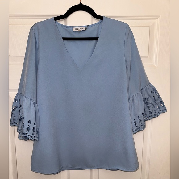 Calvin Klein Tops - Like New Calvin Klein Blue V neck  blouse with detailed bell sleeves